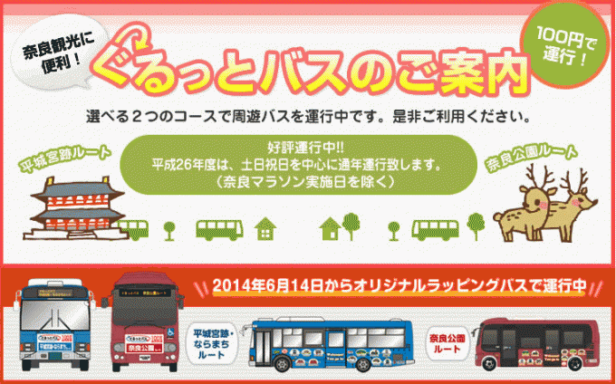 奈良交通-奈良100元循環巴士,專門前往各大觀光景點