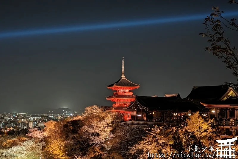 京都夜櫻推薦-清水寺夜櫻-雷射光束加清水舞台，並以京都塔當作背景，只有來清水寺才看得到