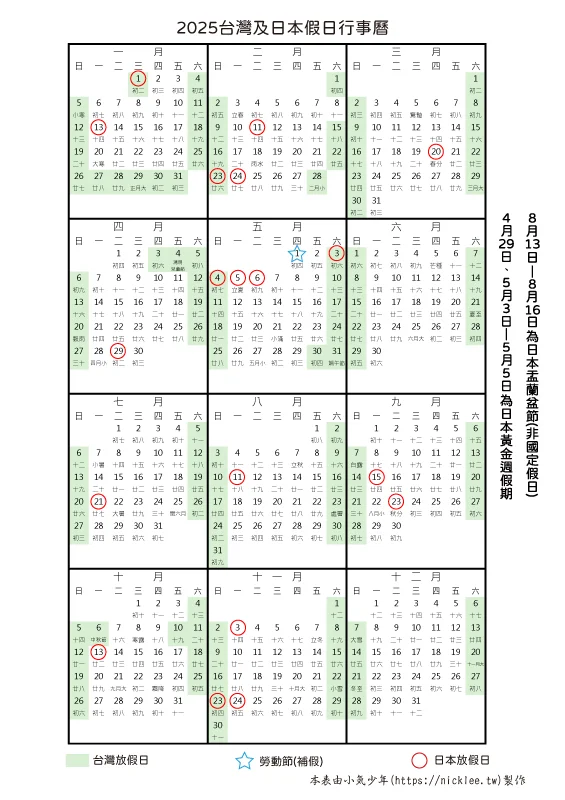 2025台灣與日本假日行事曆