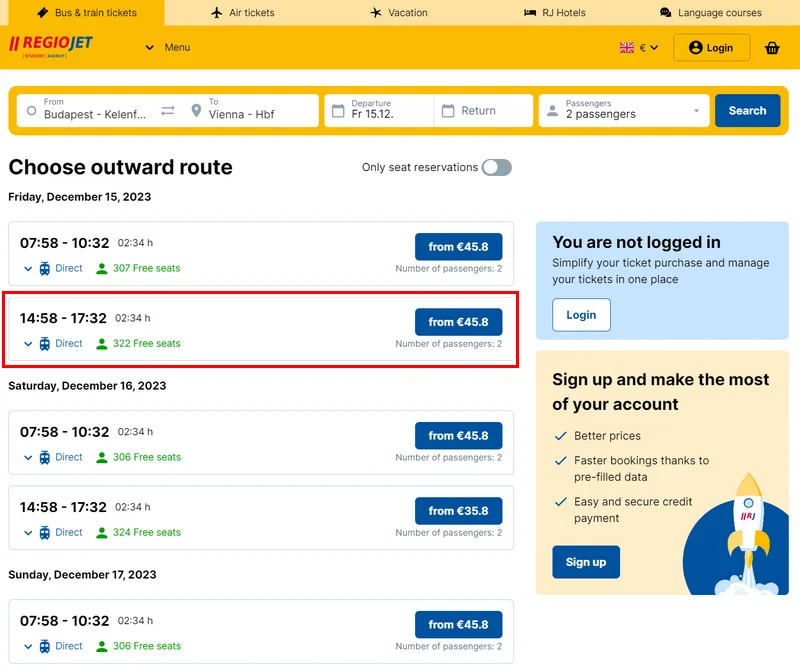 購買Regiojet車票教學-搭乘Regiojet從布達佩斯到維也納-同等級車票只要OBB的35折