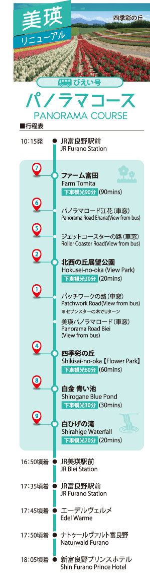 美瑛．富良野交通-夏季運行巴士-觀光周遊巴士-美瑛號路線