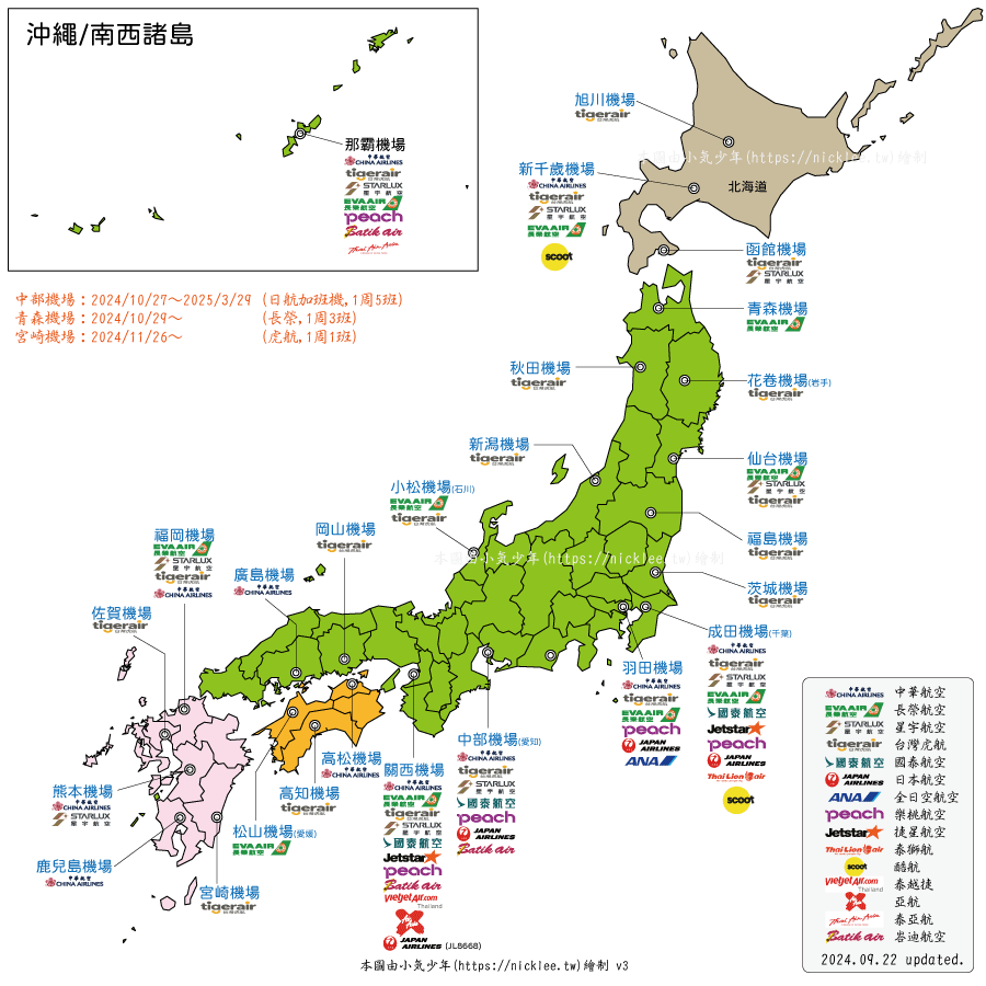 台灣直飛日本-日本各機場與航空公司資料整理