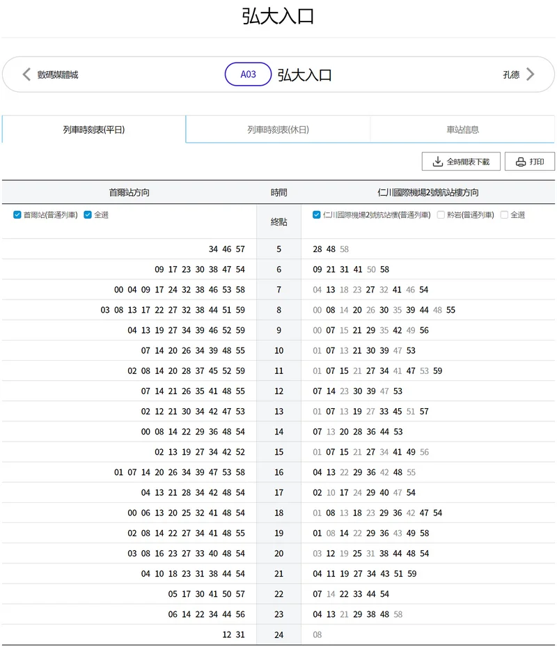 【首爾交通】查詢AREX時刻表|仁川機場車站時刻表|弘大站|首爾站